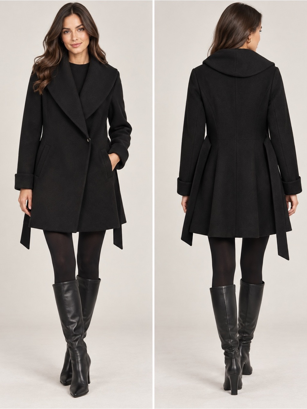 Trina Turk Black Wool-Blend Belted Mini Dress Coat